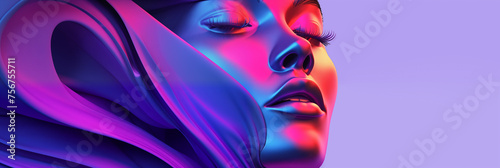 Stylized rendition of a face against a multicolored gradient background. Partial view of a face, highlighting luscious lips and a sleek nose, all rendered in bold 