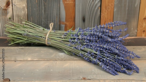 a bunch of lavender flowers sitting on top of a wooden table in front of a wooden fence with a piece of string tied to it.