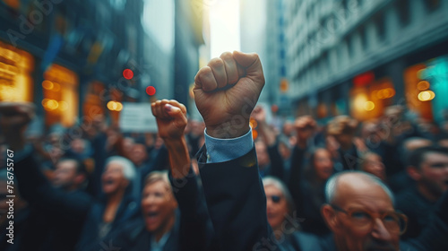 Powerful Gesture: Many Raised Fists, Urban Background
 photo