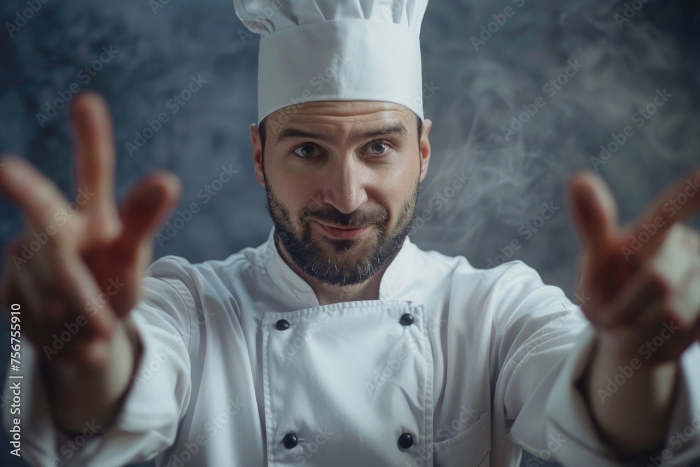 A man in a chef's hat making a peace sign. Suitable for food and cooking concepts A man in a chef's hat making a peace sign. Suitable for food and cooking concepts