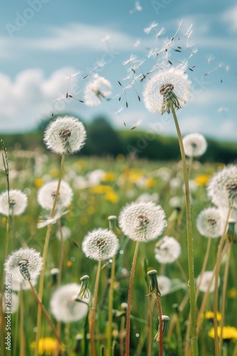 Field of dandelions blowing in the wind  suitable for nature backgrounds