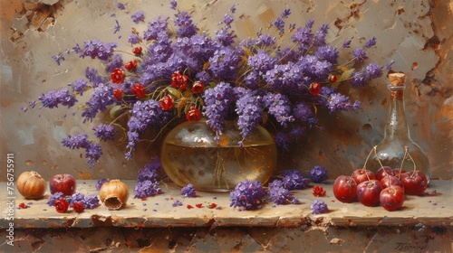 a painting of a vase filled with purple flowers next to a couple of vases filled with red and purple flowers. photo