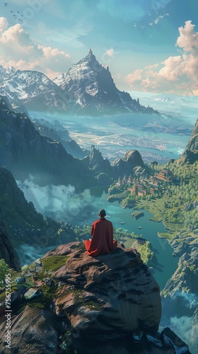 Render a serene depiction of a monk meditating atop a mountain