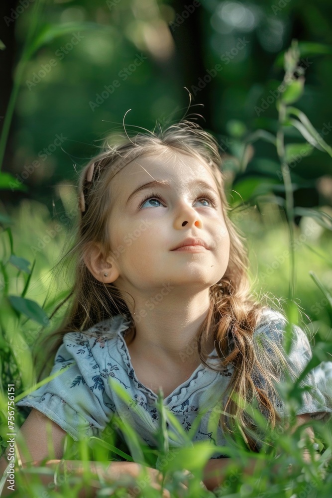 A little girl laying in the grass looking up. Suitable for various children's themes A little girl laying in the grass looking up. Suitable for various children's themes
