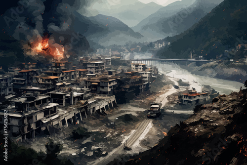 Abstract blurred background illustration. Desolate Remains Town. Uninhabited House Ablaze After War.