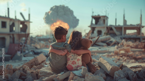 A young brother and sister sit atop a pile of rubble looking out across a war torn and devastated landscape of destroyed rubble and buildings. Distant nuclear bomb explosion. Mushroom plume