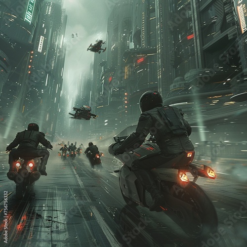 Visualize a dramatic escape from a dystopian city