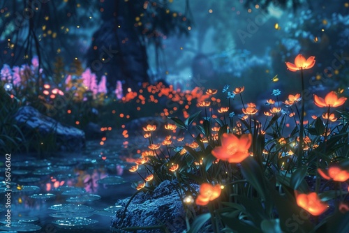 Visualize a dreamy scene of a hidden garden at night