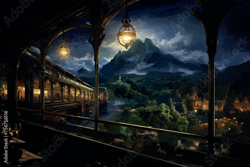 A beautiful train interior, inspired by orient express, luxury, beautiful leather sofa and chairs, ornaments and decorations. Painting, concept art, illustration, wallpaper