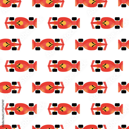 Formula 1 seamless pattern. Tire, car, helmet, f1 simulator, wheel, lights out. Speed racing tournament. Formula One championship. Motorsport concept. Vector modern Illustration isolated on background