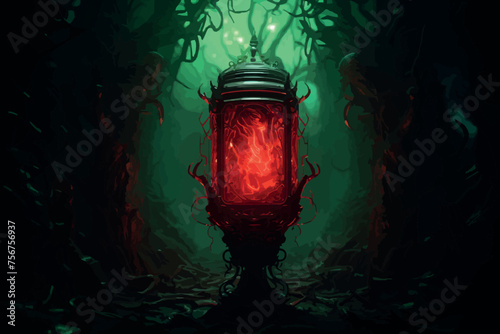 A high quality stylized render image of mystic red flask with magical health regeneration potion for game development. 