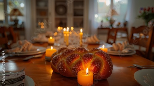 Homemade Challah bread on wooden table with candles and other elements for Shabbat. Traditional Jewish holiday concept. Generative ai