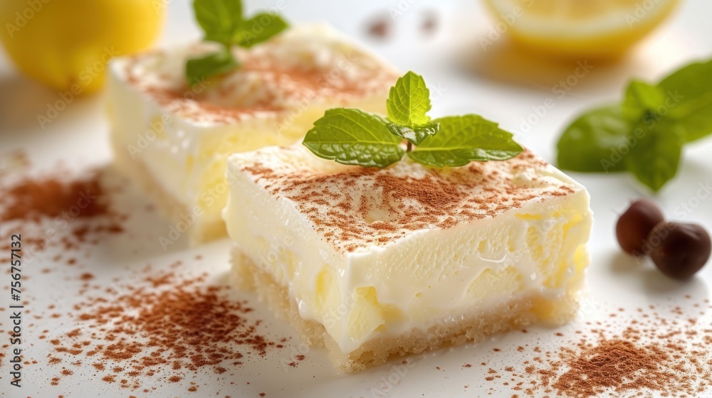 a close up of a dessert on a plate with a lemon and mint garnish on top of it.