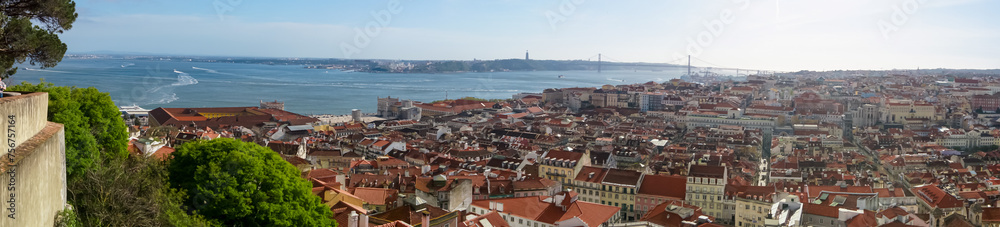 Panoramic aerial view over the city of Lisbon seen from San Jorge castle, Portugal, Europe. Looking at the beautiful red rooftops of the old town centre. Travel destination in summer. Urban landscape