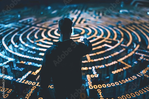 A person deciphering a maze of binary code, highlighting the analytical approach to understanding intricate digital concepts.