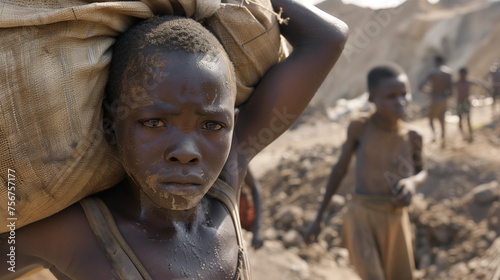 Child labor in Congo at a Colbalt mine .Due to high poverty rates in the country, child labor is common in mining and other sectors. Cobalt is a type of metal commonly used in lithium ion batteries