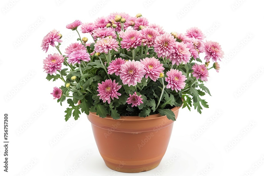 Fresh chrysanthemum flowers in pot isolated on white background