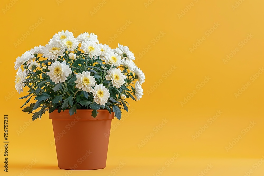 Fresh chrysanthemum flowers in pot on yellow background