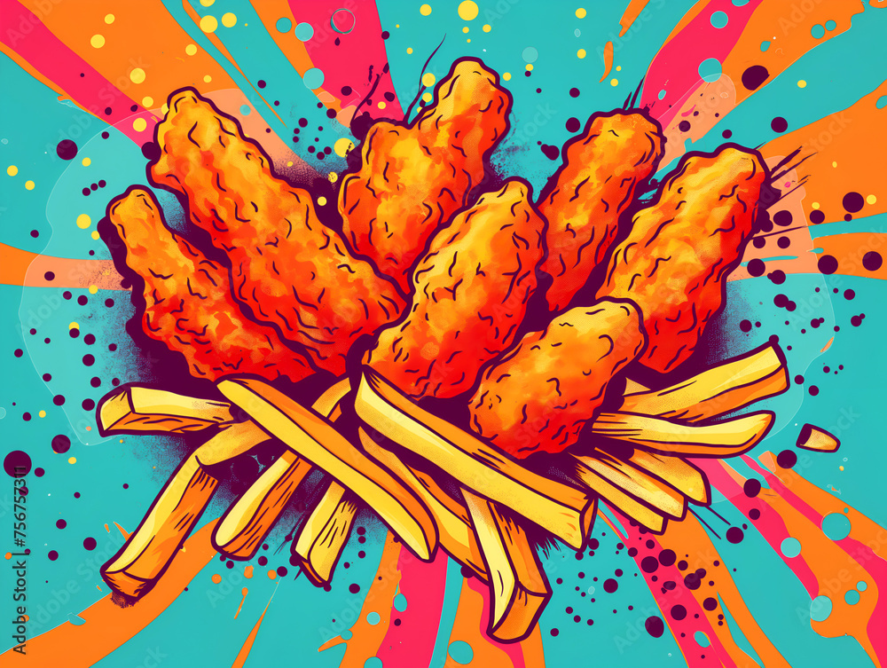 Naklejka premium Chicken nuggets colorful illustration. Pop art chicken nuggets and fries, vibrant splash. Explosion of color behind crispy chicken and golden fries. Comic style fast food frenzy, nuggets and fries