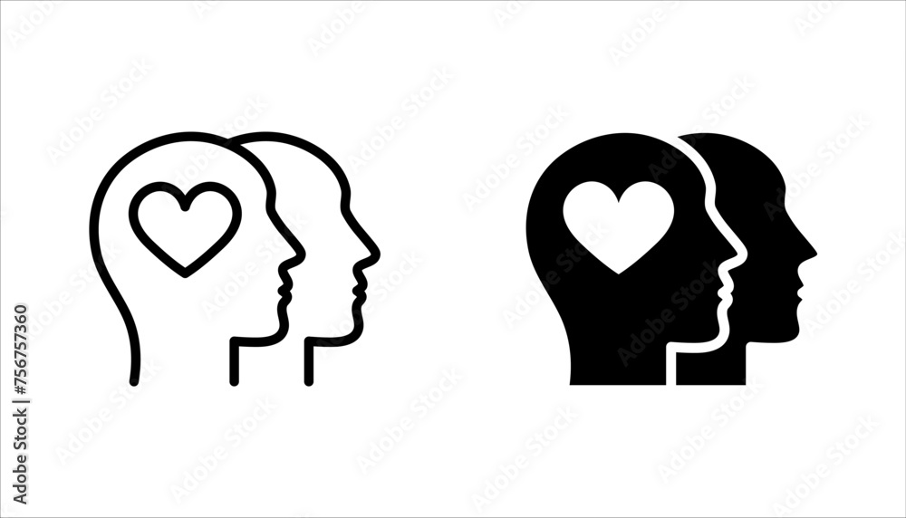 Head heart icon set. concept of love or amour good feeling and harmony with smile face, vector illustration on white background