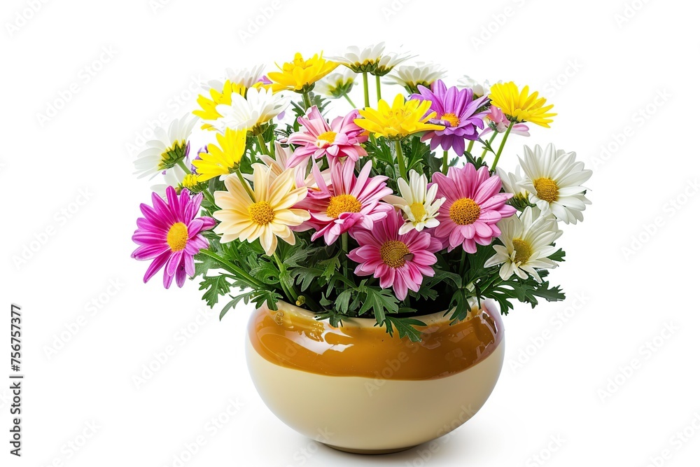 Fresh spring flowers in pot isolated on white background
