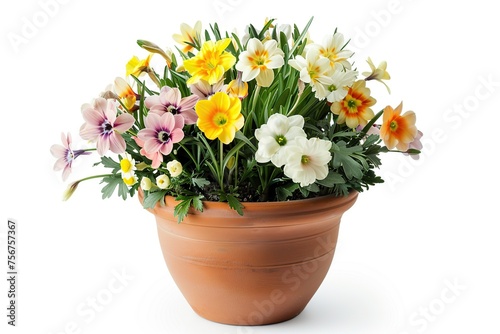 Fresh spring flowers in pot isolated on white background © Alina