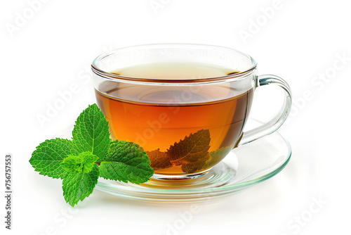Glass cup of aromatic tea and green mint leafs on white background