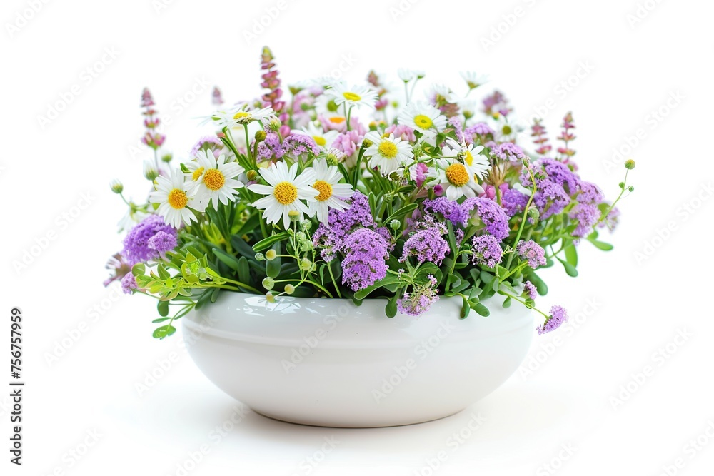 Fresh spring flowers in pot isolated on white background