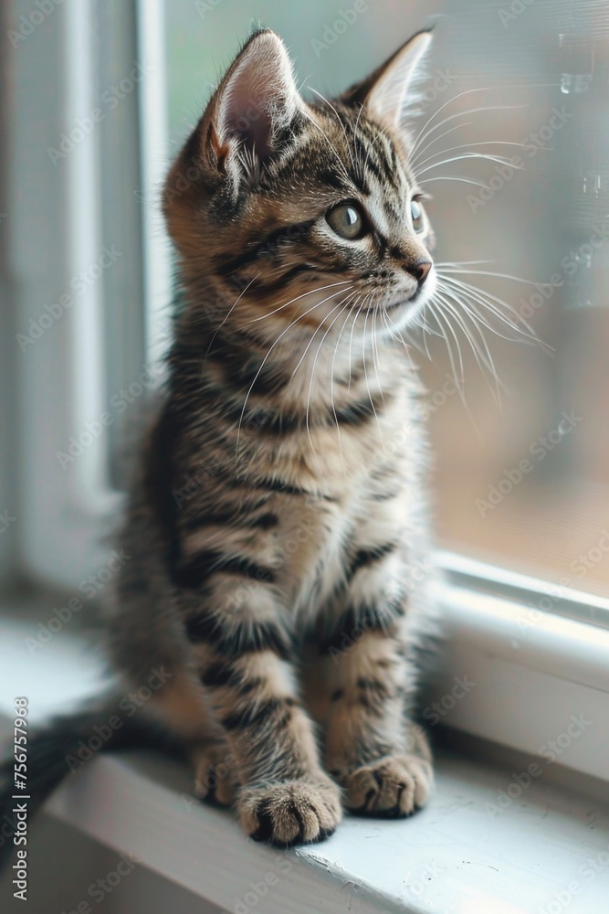 A kitten sitting on a window sill looking out. Perfect for pet lovers and animal enthusiasts