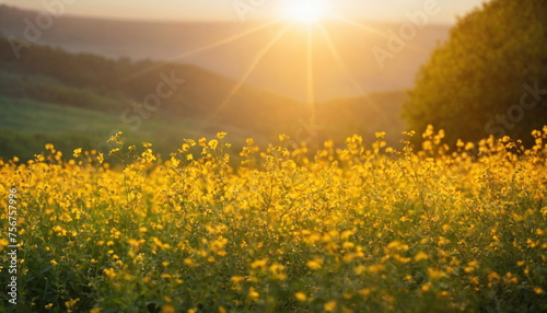 A field full of bright orange flowers illuminated by the morning sun  creating a stunning summer scene. Illumination and summer blurred background  morning.