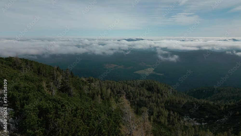 Sky view of rolling hills and clouds. Mountainous area covered with forest Sky view of rolling hills and clouds. Mountainous area covered with forest