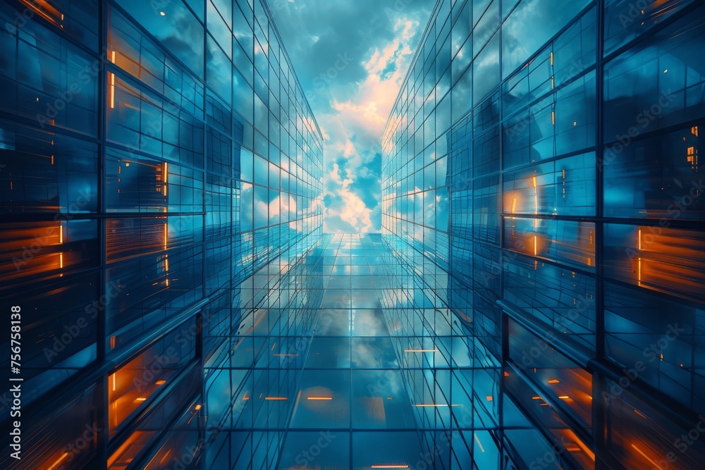 Majestic Reflections of Clouds in a Glass-Facade Office Tower at Dusk