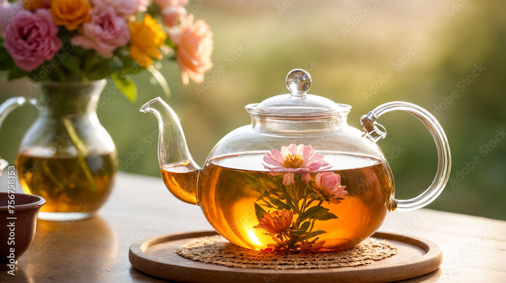 A clear glass kettle, filled with freshly brewed hot floral tea, sits on a wooden table, illuminated by natural sunlight coming through a nearby window A clear glass kettle, filled with freshly brewed hot floral tea, sits on a wooden table, illuminated by natural sunlight coming through a nearby window