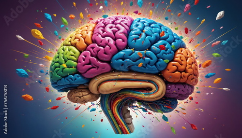 A human skull bisected to reveal a vibrant, color-splattered brains, symbolizing a dynamic explosion of ideas and creativity.