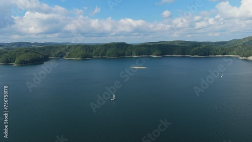 Beautiful Landscape Boat Lake Solina Mountains Bieszczady Aerial View Poland photo