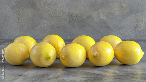 a group of lemons sitting next to each other on top of a metal counter top in front of a gray wall. photo
