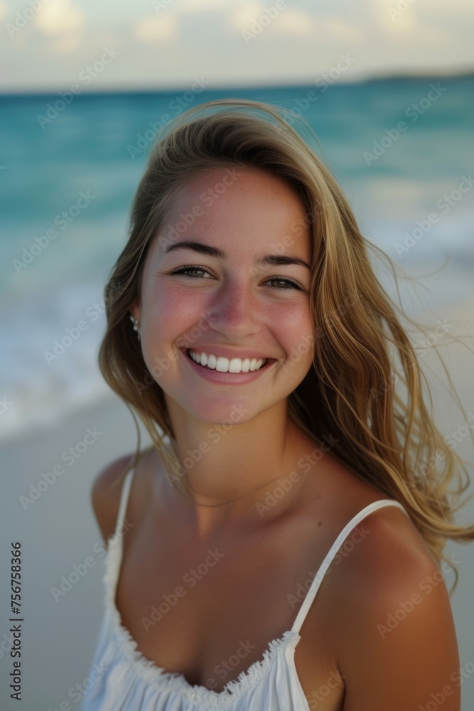 Smiling happy brunette on the beach on a sunny day. Smiling happy brunette on the beach on a sunny day.