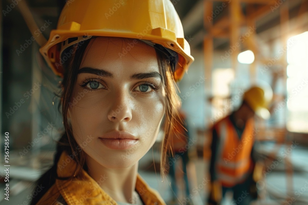 A woman wearing a hard hat at a construction site. Suitable for construction industry concepts A woman wearing a hard hat at a construction site. Suitable for construction industry concepts