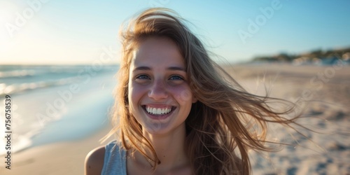 Smiling young brunette on the beach on a sunny day.