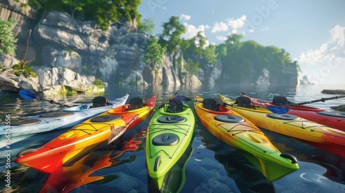 the bright and contrasting colors of the kayaks against the natural backdrop, enhancing the visual appeal and evoking the lively atmosphere of tourist entertainment. © Светлана Канунникова