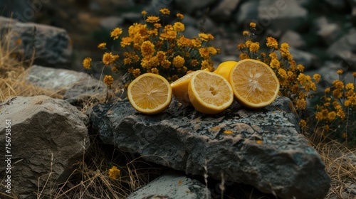 a group of lemons sitting on top of a rock next to a field of yellow flowers and yellow wildflowers. photo