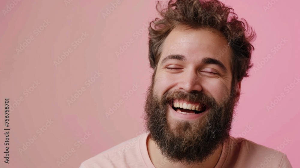 Obraz premium A man with a beard smiles while holding a donut. Suitable for food and lifestyle concepts