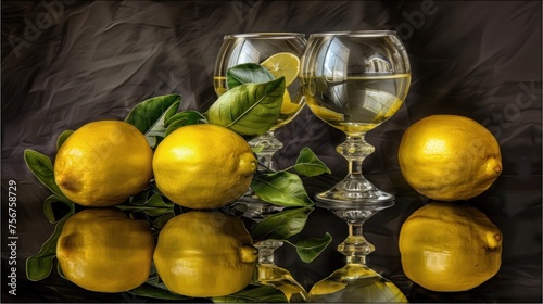 a painting of lemons and a glass of wine on a black background with a reflection of the glass in the water. photo