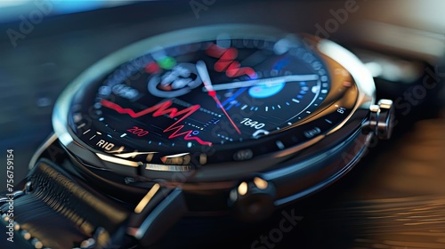 Close-up details of the smartwatch display, clearly showing the ECG monitor and heart rate data, providing clarity and clarity to convey realism and accuracy.