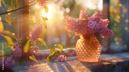 a vase filled with pink flowers sitting on top of a window sill with the sun shining through the window. photo