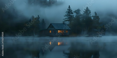 Eerie lakeside cabin at dusk surrounded by mist and mystery AI. Concept Lakeside Cabin, Dusk, Misty Surroundings, Eerie Atmosphere, Mystery