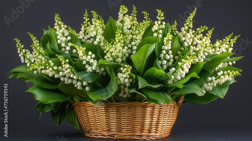 a wicker basket filled with white flowers on top of a gray table next to a green leafy plant. photo
