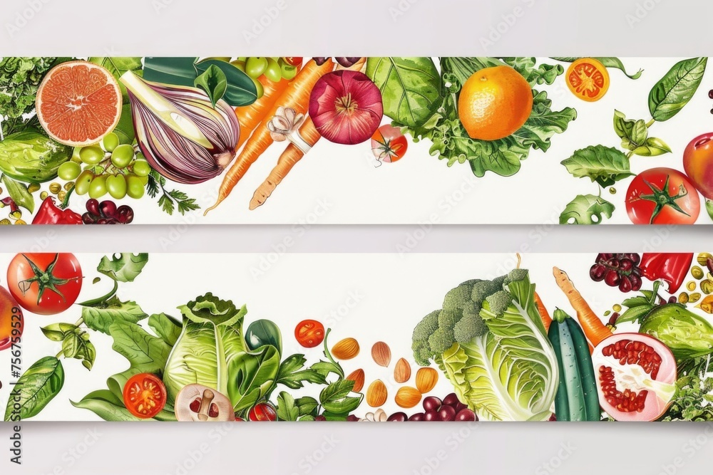 Two horizontal banners with a variety of fresh fruits and vegetables. Ideal for promoting healthy eating Two horizontal banners with a variety of fresh fruits and vegetables. Ideal for promoting healthy eating