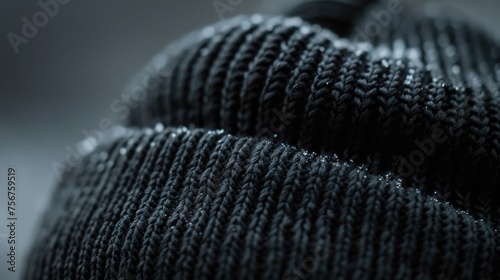 A detailed shot of a black knit hat, suitable for winter fashion concepts photo