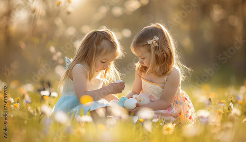 Duas irmãs caçam ovos de páscoa pintados e colocam ovos de páscoa na cesta em um dia ensolarado. Tradições da páscoa photo